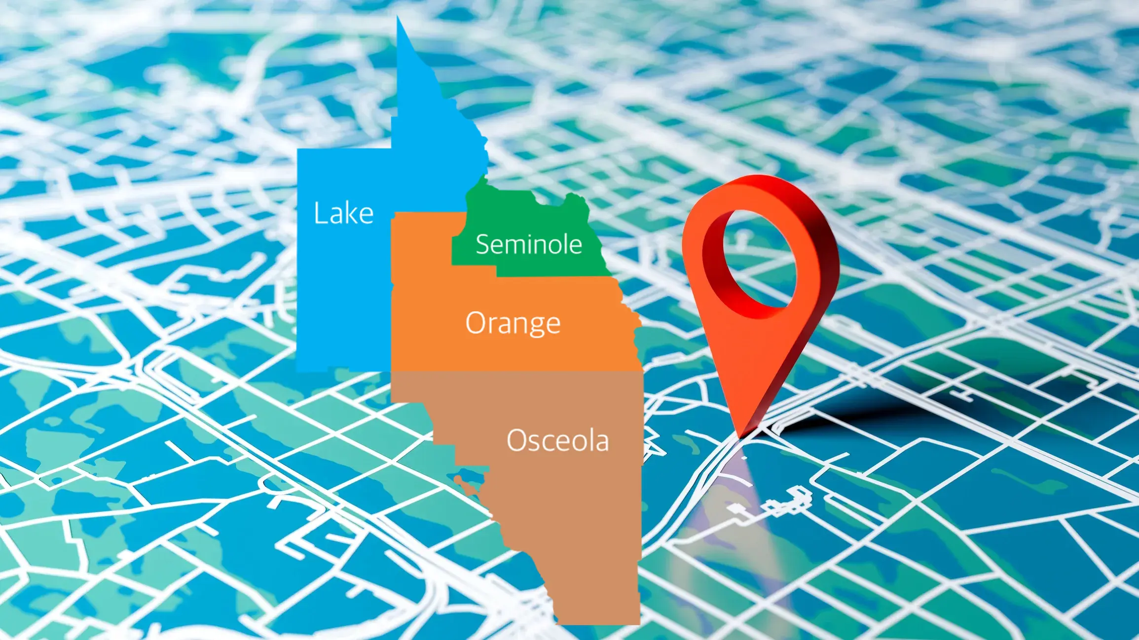 Map highlighting four Florida counties with a location pin.