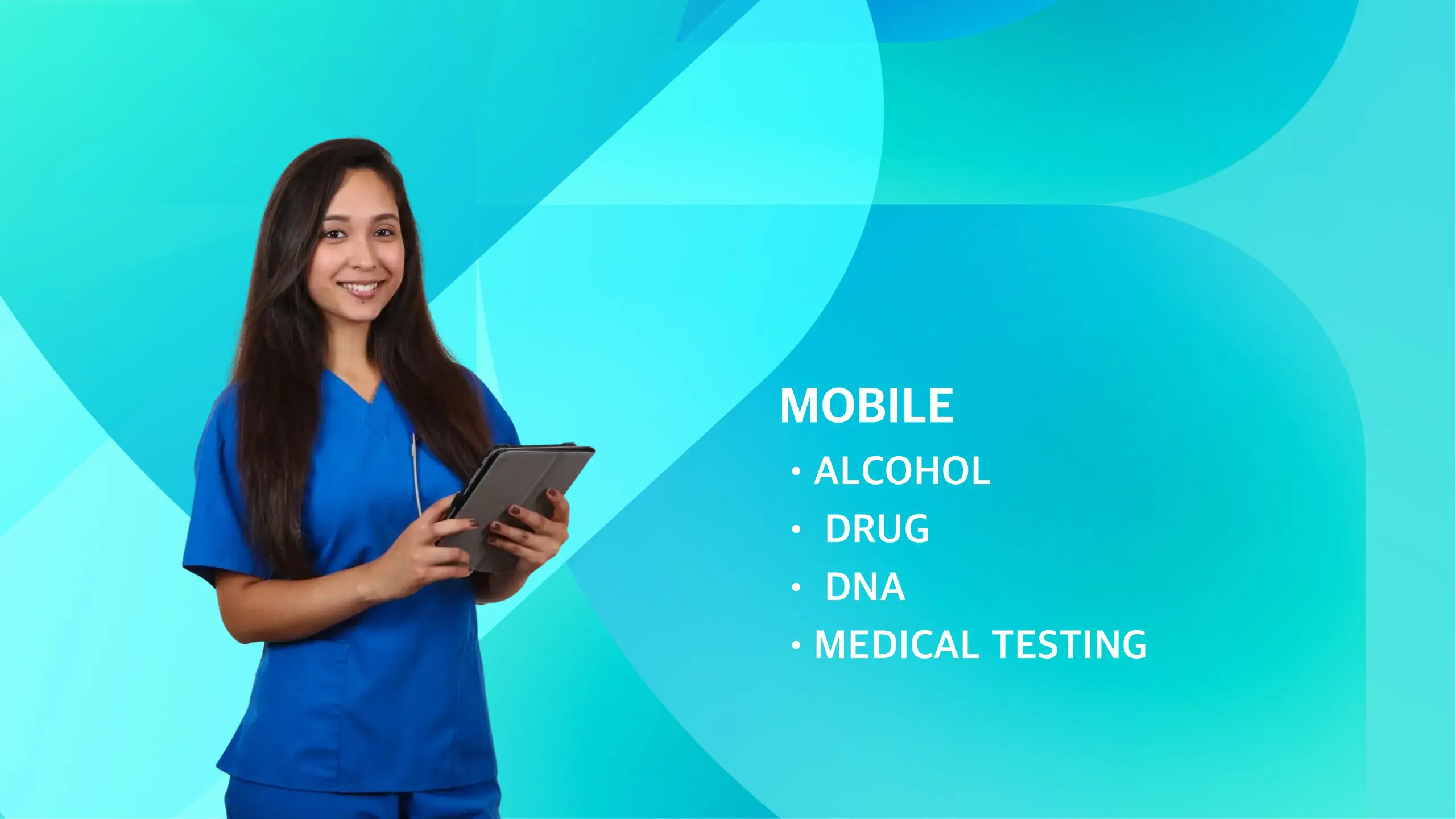Smiling nurse holding tablet, testing services listed.