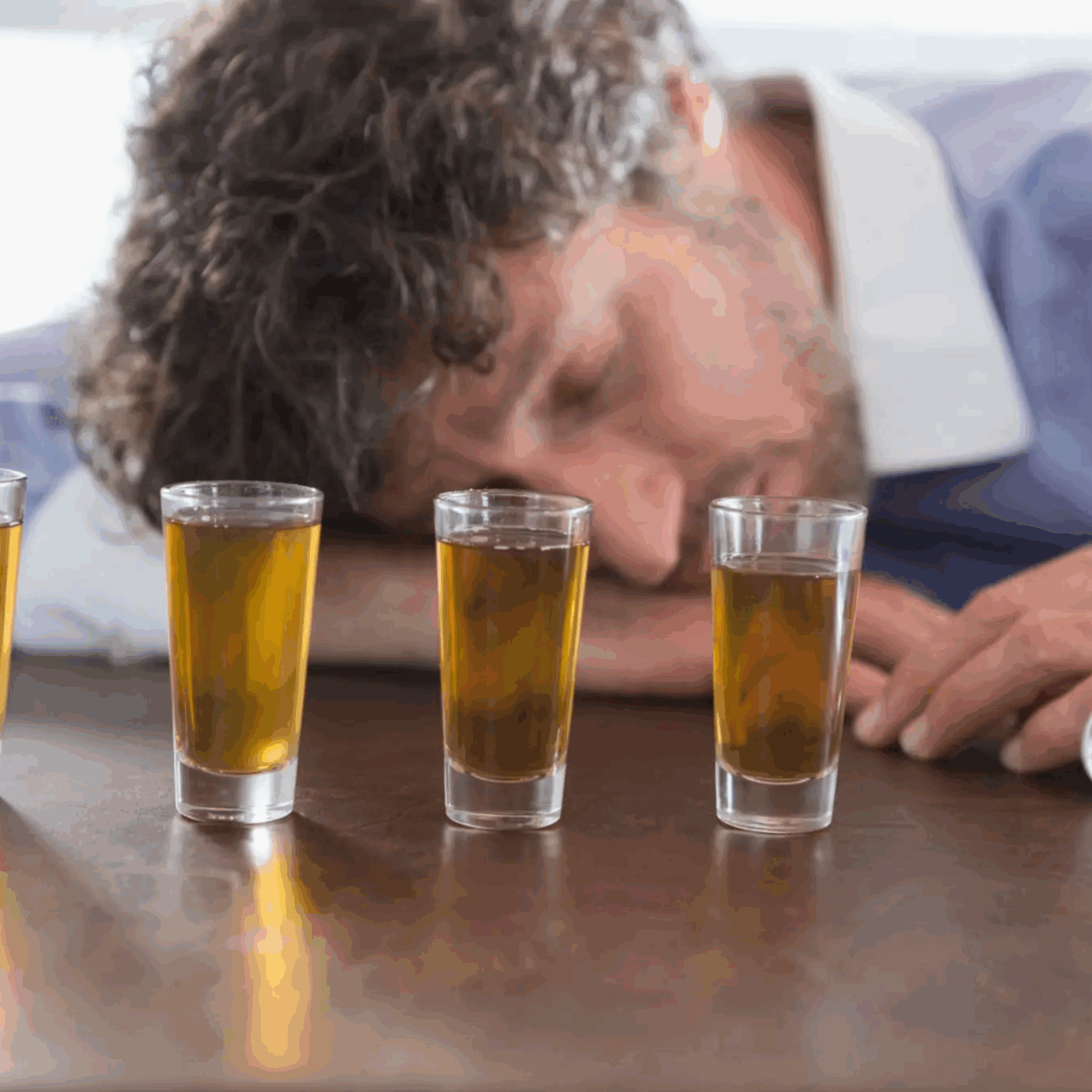 Man asleep beside shot glasses on table.